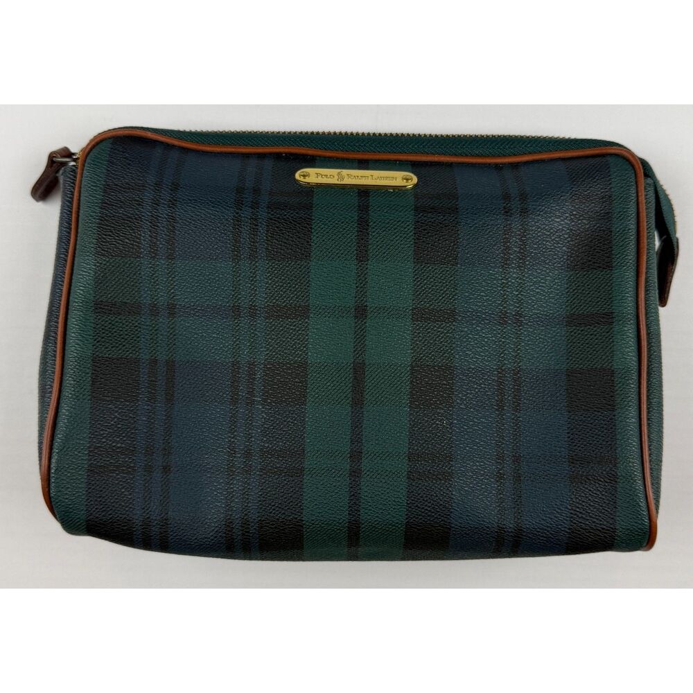 Vintage Polo Ralph Lauren Plaid Watch Tartan Bag Leather Trim Travel Pouch